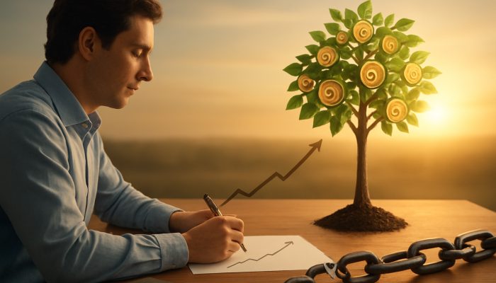Person charting income into savings tree, breaking debt chains toward financial freedom.