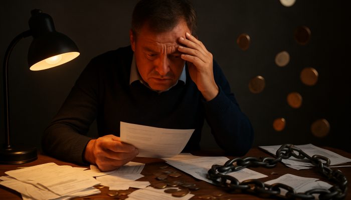 Stressed UK sole trader reviews income statements and expenses at cluttered desk with debt chains