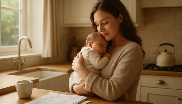 Young mother cradles newborn in sunlit British kitchen with paid bills, showing financial relief.