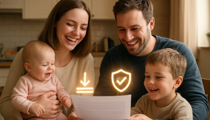 Joyful British family reviews consolidated loan document in kitchen with icons of lower fixed payments and stability.