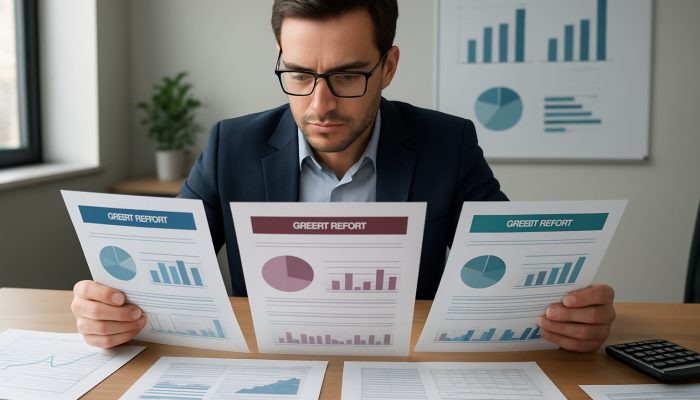 Credit File Checks Before a New Debt Plan: What to Know | DCL Person reviewing Experian, Equifax and TransUnion credit reports with debt charts in UK office