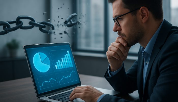 Credit File Checks Before a New Debt Plan: What to Know | DCL Person reviewing holographic credit report on laptop with shattering debt chains in modern office