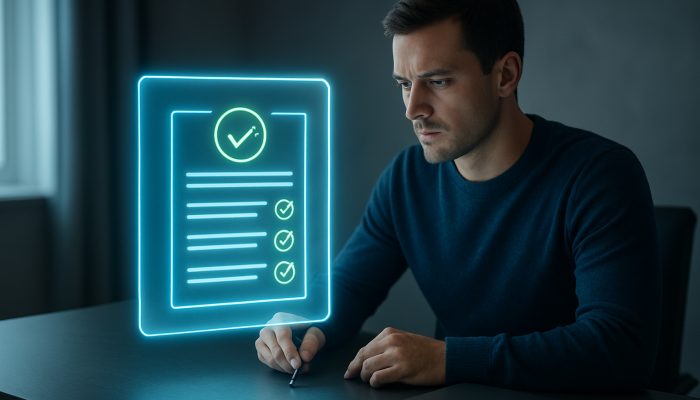 Credit File Checks Before a New Debt Plan: What to Know | DCL Individual reviewing glowing credit report with green checkmarks at sleek desk for debt approval.