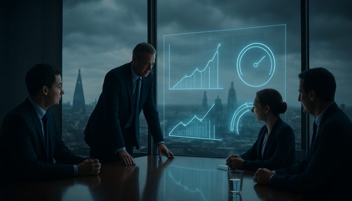 British executives reviewing holographic sales growth, ROI and CAC dashboards in sleek London boardroom.