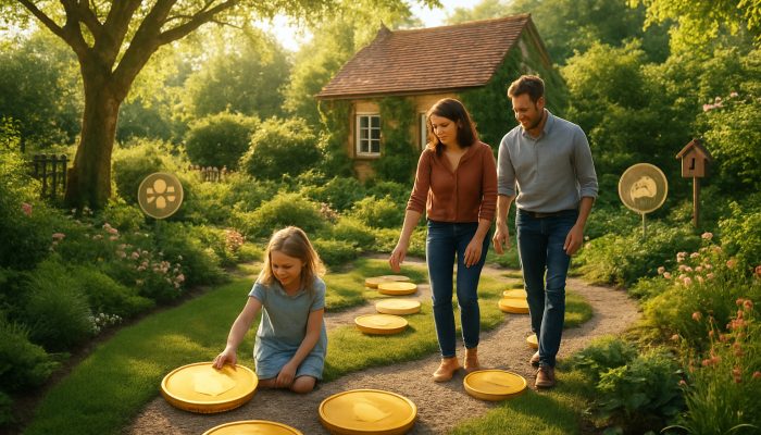 UK family guiding golden coins through sunlit sustainable cottage garden toward family and community icons.