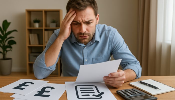 UK borrower consolidating scattered payday loans into one repayment plan at cluttered desk