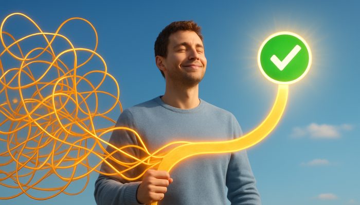 Relieved person merging tangled debts into golden path toward healthy UK credit score icon