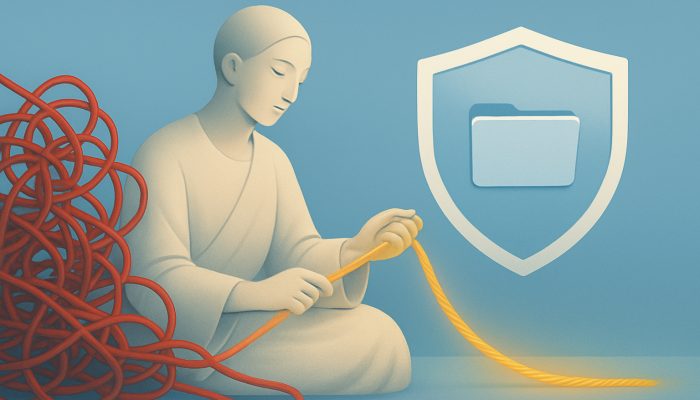 Serene figure weaving red debt threads into golden rope beside shielded credit file