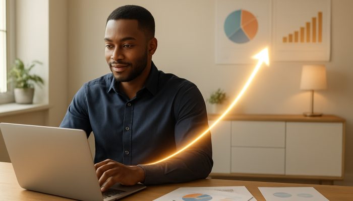 Confident person automating loan payments on laptop in sunlit home office with budget charts and financial freedom path