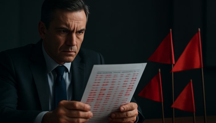 How Lenders View Gambling on Bank Statements: Key Insights | DCL Stern lender scrutinizes bank statements with red gambling flags in dim office
