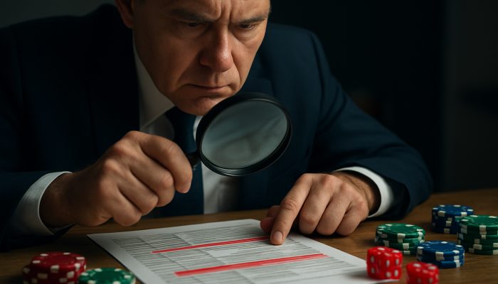 How Lenders View Gambling on Bank Statements: Key Insights | DCL Lender examining bank statements with red highlights on gambling transactions using magnifying glass