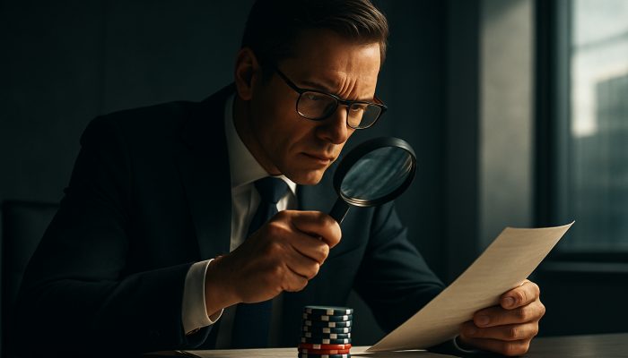 How Lenders View Gambling on Bank Statements: Key Insights | DCL UK banker examining casino chips and salary documents with magnifying glass in London office