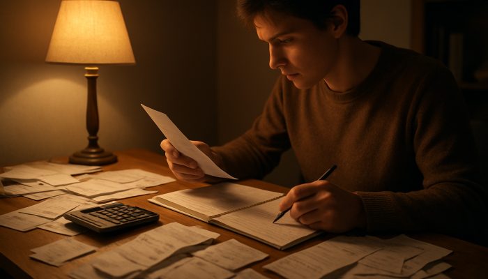 Clear Multiple Debts With One Monthly Plan: Expert Advice | DCL Person sorting payslips and bills at cluttered desk under lamplight for UK debt assessment