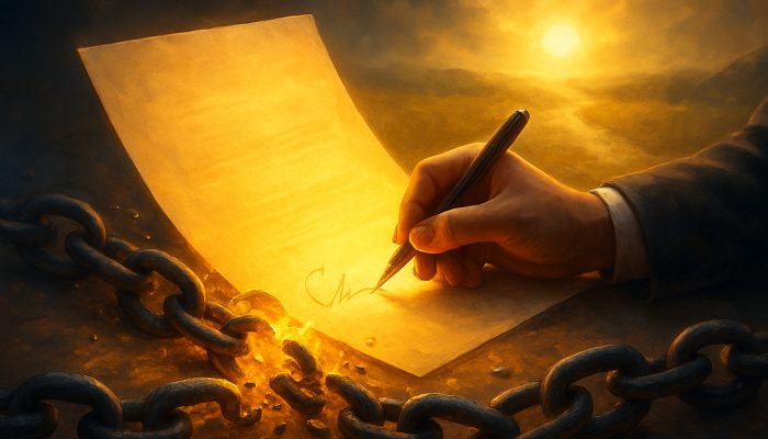 Clear Multiple Debts With One Monthly Plan: Expert Advice | DCL Person signing glowing IVA contract as debt chains shatter toward financial freedom