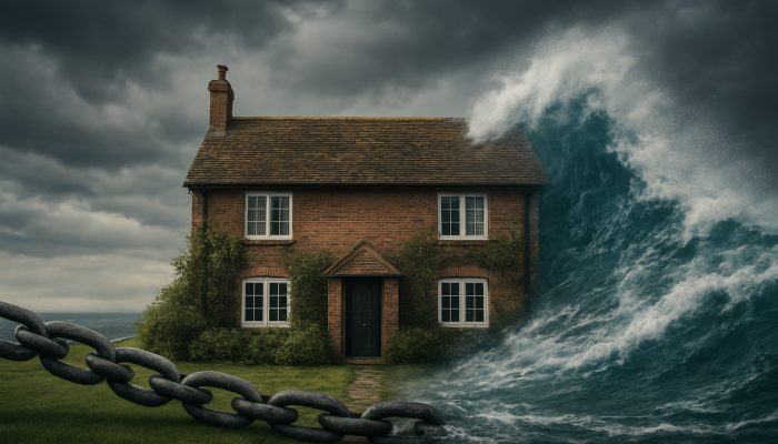 Split British cottage: fixed-rate chains anchor one half, variable waves buffet the other under moody UK skies.