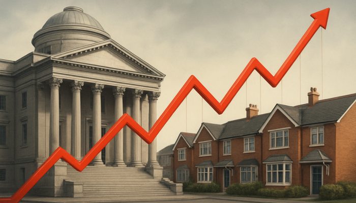 Bank of England base rate lines pulsing to British homes, showing mortgage cost impact