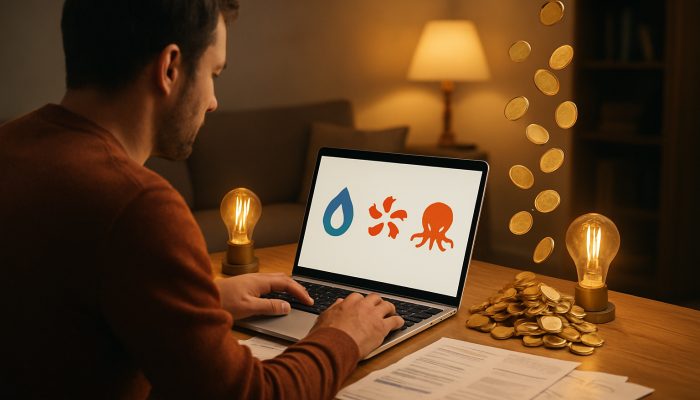 UK homeowner comparing British Gas, EDF and Octopus energy tariffs on laptop with savings coins