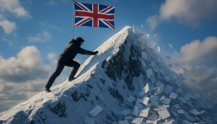 Determined climber toppling high-interest debt peak, triggering avalanche of repaid bills under British flag sky.