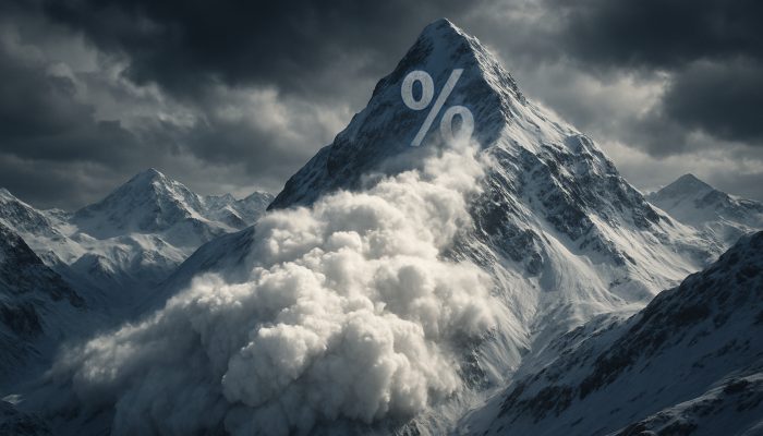 Cinematic avalanche thundering down debt mountains, striking highest interest rate peak first.