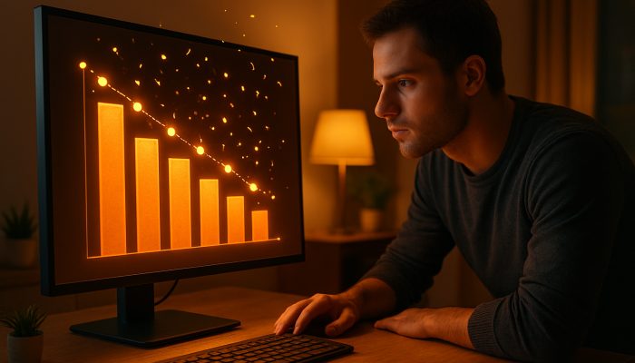 Person celebrating shrinking debt charts with confetti and milestones in warm home office