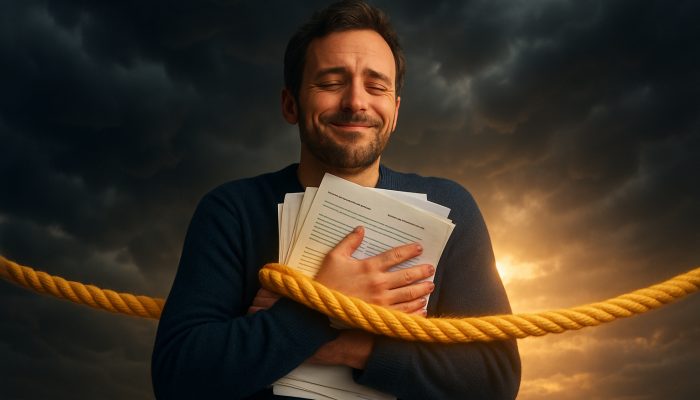 Relieved UK borrower clutching mortgage papers, held by golden lifeline rope amid stormy clouds