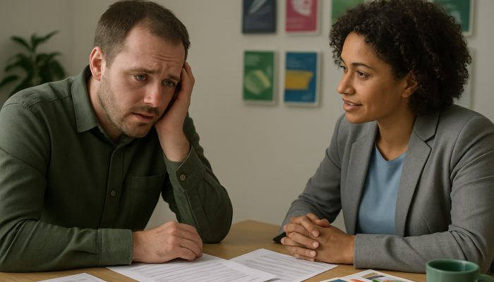 Client discusses gambling debts with compassionate UK adviser at desk with repayment plans