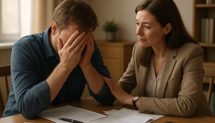 Stressed man discussing gambling debts with compassionate female debt adviser in UK office.
