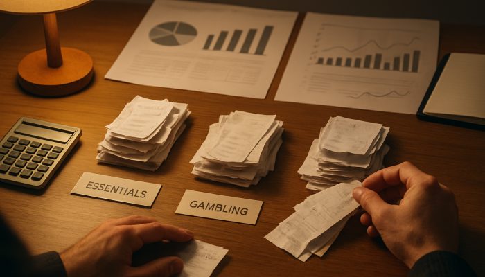 Person sorting receipts into essentials and gambling piles with budget charts and debt adviser nearby