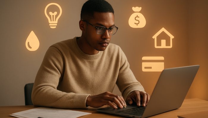 Person reviewing bank statements on laptop with floating icons of utilities, subscriptions, and loans