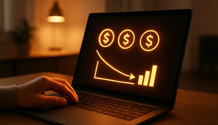 Hands configuring automatic extra payments on laptop, shrinking debt graph in modern office