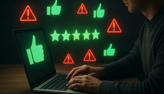 Person at laptop reviewing glowing Trustpilot feedback with green thumbs-ups and red warning icons for banking reliability.