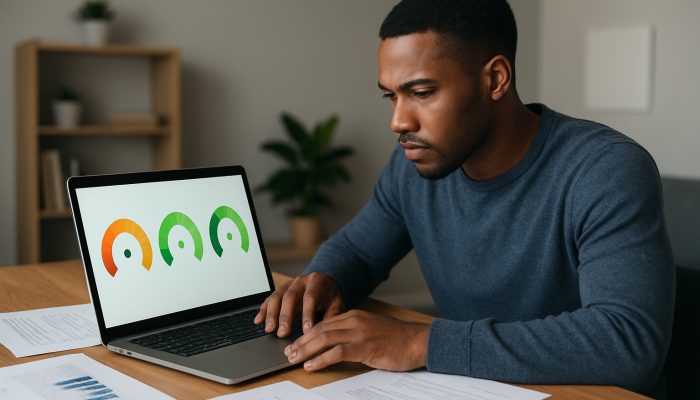 Person reviewing Experian, Equifax and TransUnion credit scores on laptop in home office