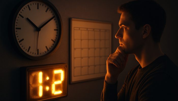 Person checking glowing scoreboard with clock and calendar for score update timing tips