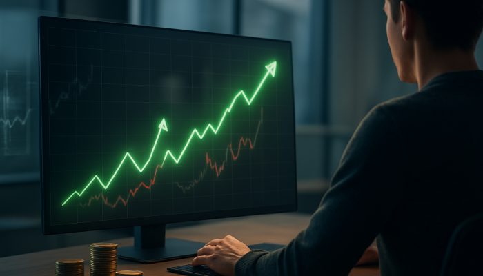 Person studying glowing upward credit score graph with green arrows in modern office