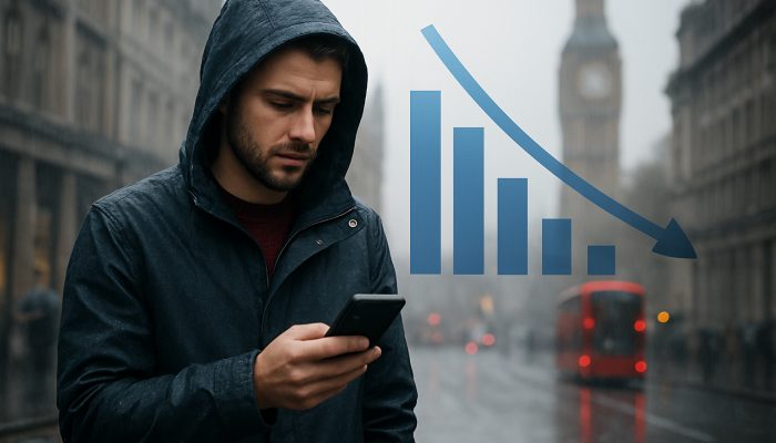 Gig worker on rainy London street views smartphone with earnings graph scaling flexible loan repayments