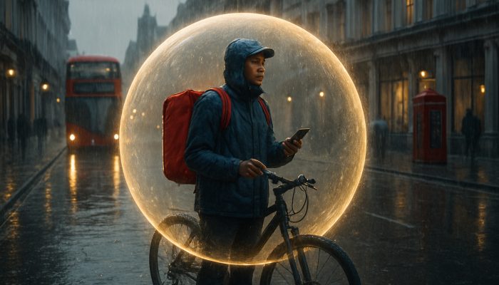 Gig worker sheltered in glowing bubble on rainy London street, symbolizing Breathing Space debt relief