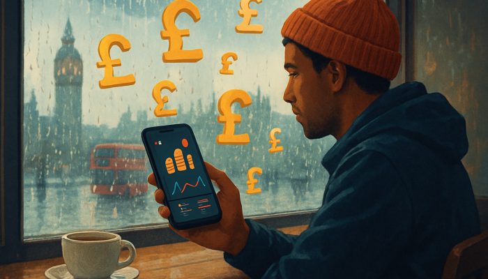 Gig worker views Monzo app income forecasts in rainy London cafe illustration with pound icons