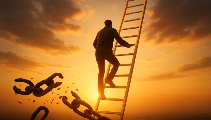 How to Rebuild Credit After Tidying Debts: Steps for Success | DCL Person climbing golden credit score ladder, breaking free from debt chains toward financial sunrise.