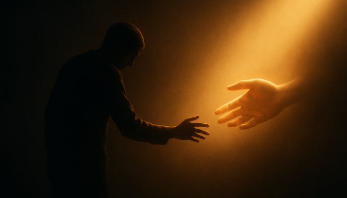 Choosing Support Instead of Hiding Problems: Practical Guide | DCL Figure emerging from shadows reaching for glowing supportive hands in light, symbolizing choosing support.