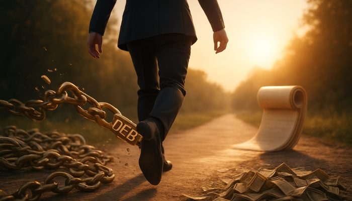 Person shattering golden debt chains while stepping onto a sunlit path of financial freedom