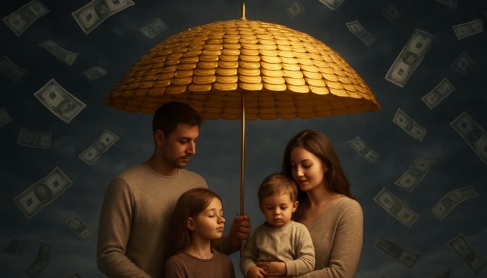 Family under glowing gold coin umbrella shielding from dark storm clouds of unexpected bills, symbolizing emergency savings.