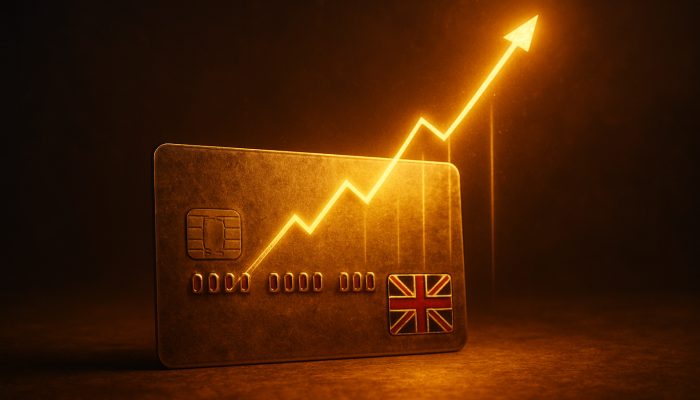 Aged British credit card glowing gold, timeline rising into credit score graph