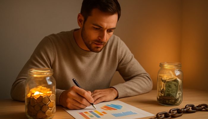 Focused person reviewing colorful expense charts and income graphs at desk with glowing savings jars