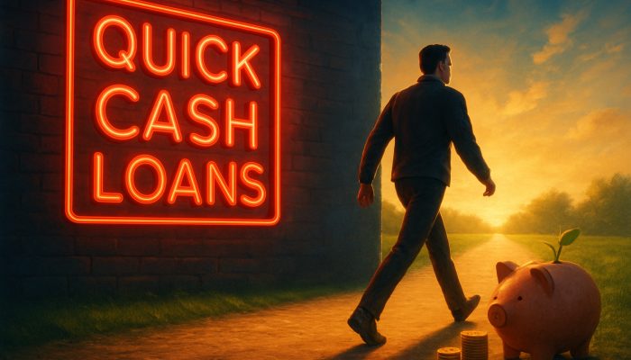 Person walking from quick cash loans sign toward piggy bank savings path illustration