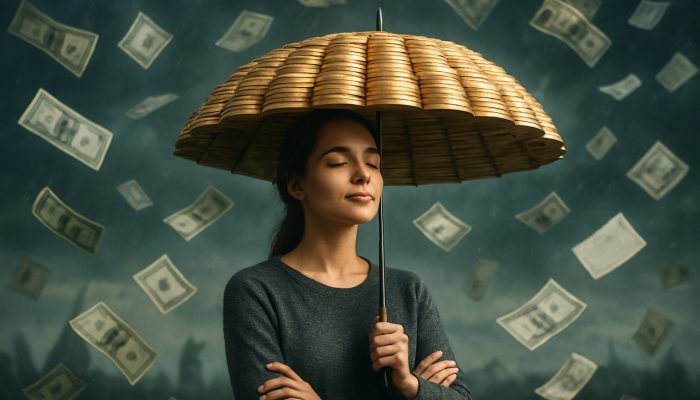 Person shielded by golden coin umbrella from storm of unexpected bills and expenses.