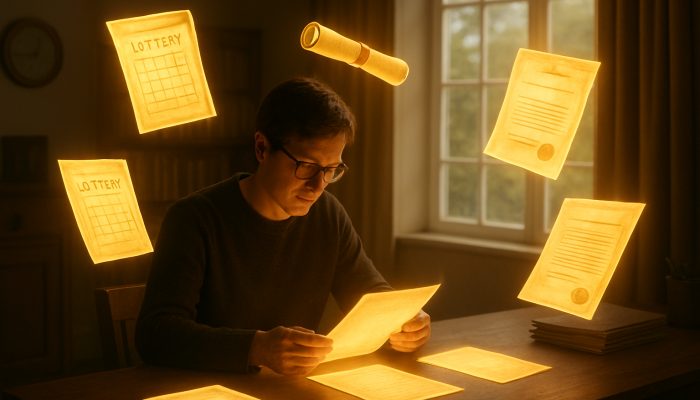 Person sorting glowing lottery tickets, inheritance scrolls and asset deeds at desk in sunlit UK study.