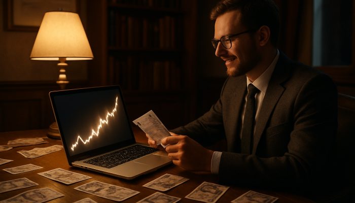 British professional reviews glowing financial charts on laptop in cozy London study after windfall with pound notes.