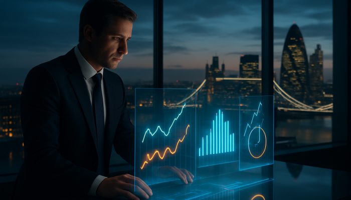 Analyst reviewing holographic UK inflation and market charts in sleek London office at twilight