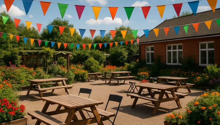 Celebrating Milestones Safely and Cheaply: UK Tips | DCL UK community garden hall with colorful bunting, flowers and spaced outdoor seating under sunny skies.
