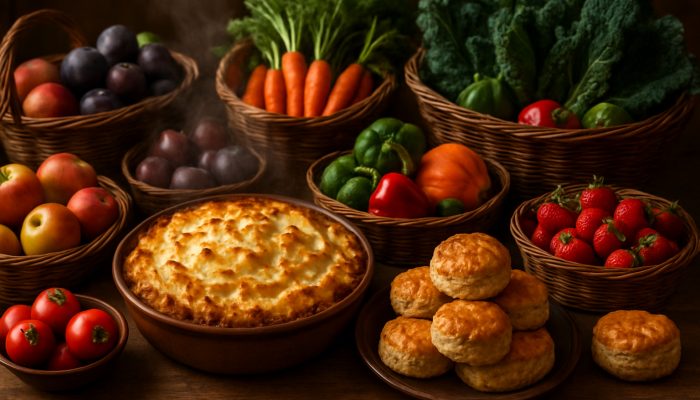 Celebrating Milestones Safely and Cheaply: UK Tips | DCL Rustic table with steaming shepherd's pie, golden scones and baskets of British seasonal fruits and vegetables.